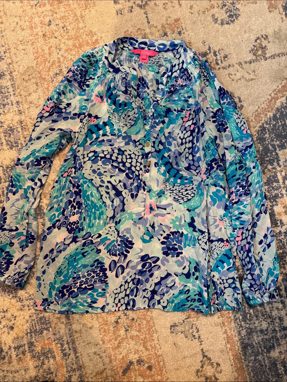 Lilly Pulitzer Blue & Aqua Floral-Print Long-Sleeve Blouse